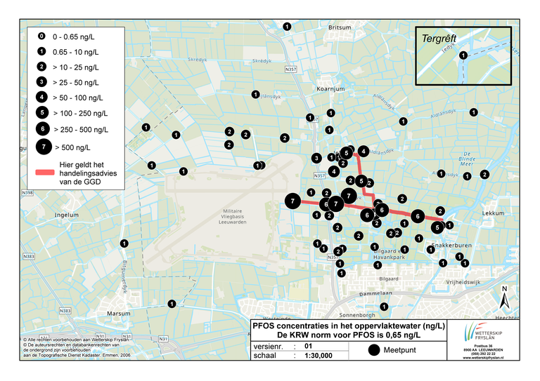 kaart uitslagen onderzoeeken pfos oppervlaktewater Jelsumer Feart 1-3-2024 t/m 30-7-2024