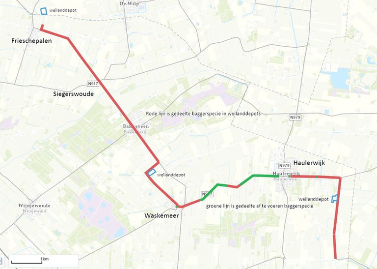 Kaart: Het te baggeren traject van in totaal 17 kilometer is met een rode en groene lijn weergegeven op de overzichtskaart. De drie weilanddepots zijn met blauwe lijnen ingetekend.  